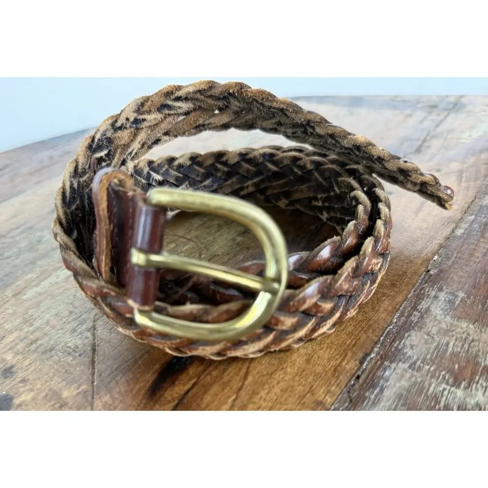 Vintage Brown Genuine Leather Braided Belt Size 36 Brass Buckle Boho Western